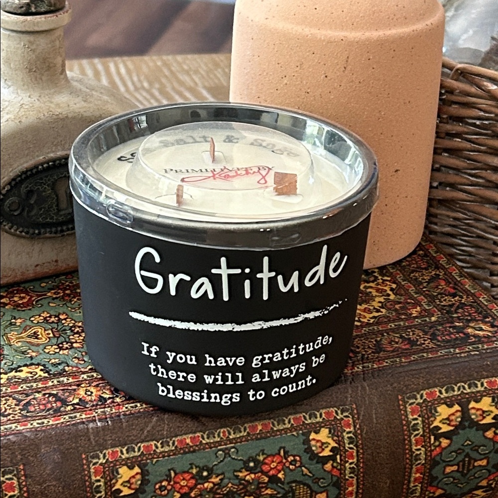 NEW! Gratitude Blessings 3 Wick Fall Soy Candle Ceramic Holder Sea Salt & Sage
